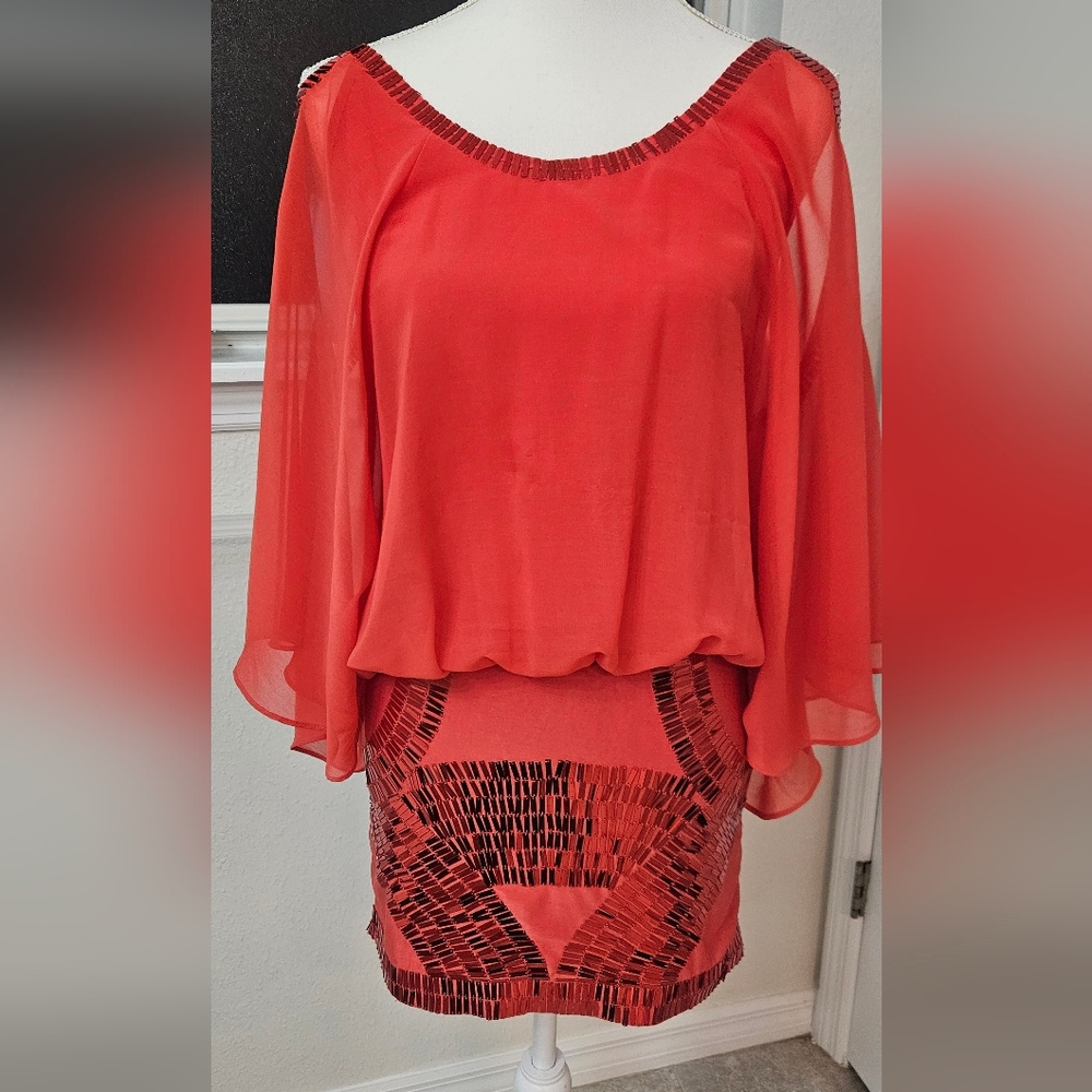 Arden B Red Beaded Overlay Cocktail Dress.